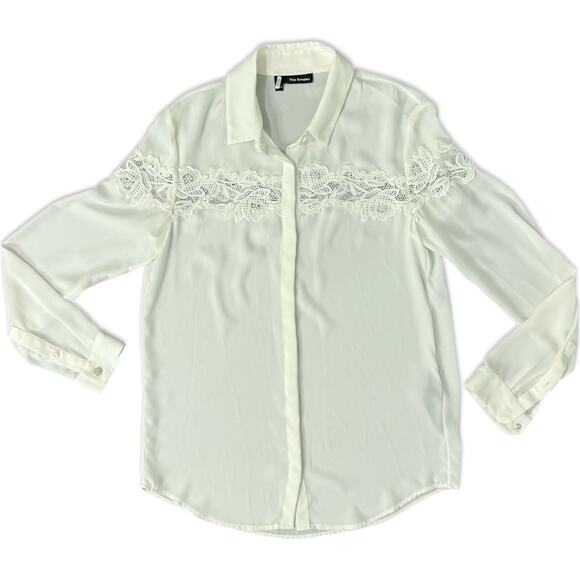 The Kooples White Floral Lace Crepe Long Sleeve Sheer Button Down Blouse Sz XS - Picture 10 of 13